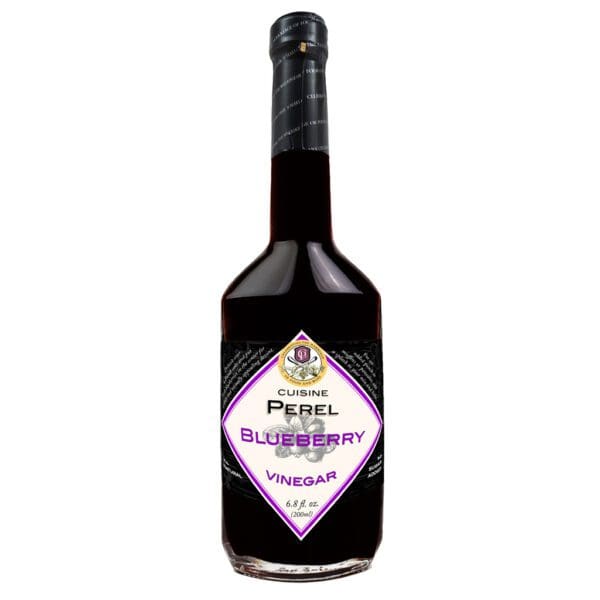 A bottle of alcohol with purple label on it.